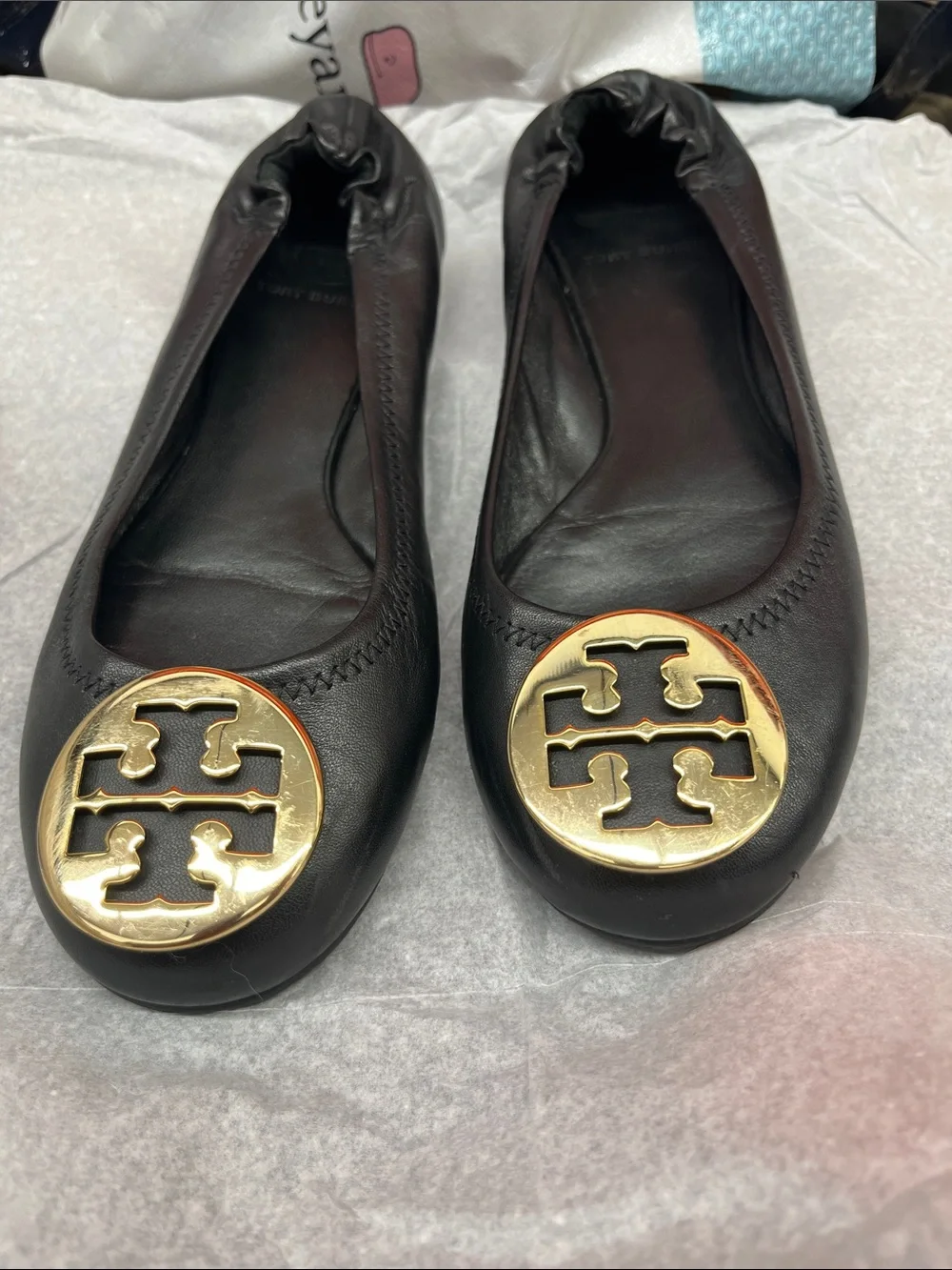 Tory Burch Black Leather Ballet Flats with Gold Logo Discs